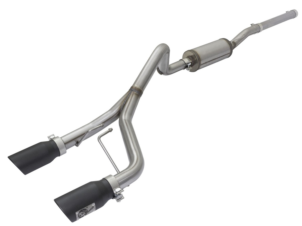 aFe Power Rebel Series 2.5&quot; 409 Stainless Steel Cat-Back Exhaust System with Black Tips ( Dual Wide Center Exit ) - Jeep Wrangler JK