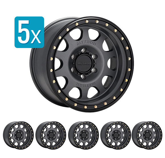 (Set of 5 Wheels) Method Race Wheels MR311 Vex, 17X8.5 with 5 on 5 Bolt Pattern - Titanium with Black Lip - Jeep Wrangler Jk/JL/Gladiator JT