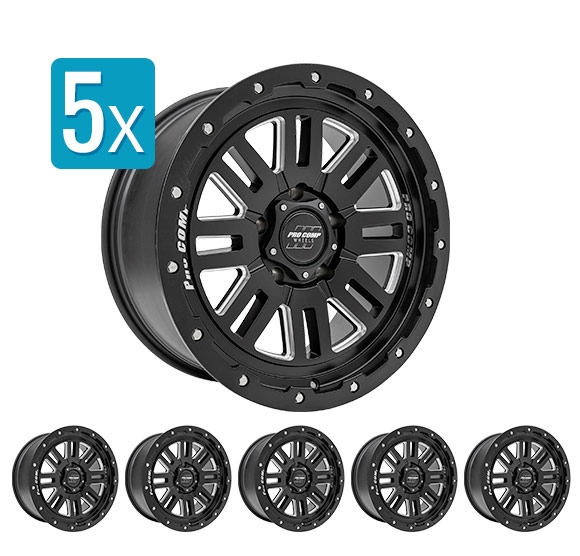 (Set of 5 Wheels) Pro Comp Cognito Series 61, 17x9 Wheel with 5 on 5 Bolt Pattern - Satin Black Milled - Jeep Wrangler JK/JL/Gladiator JT
